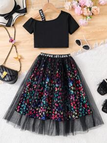 2 buc/Set ținute casual de vară în aer liber pentru fete, tricou cu mânecă scurtă cu model fluture colorat și fustă din plasă cu lungime medie, respirabil și confortabil pentru adolescenți, potrivit pentru zilnic, călătorii, vacanțe