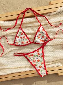 Summer Sexy Micro Bikini 3pcs Random Printed Triangular Beach Swimwear, Holiday - Red - View 4