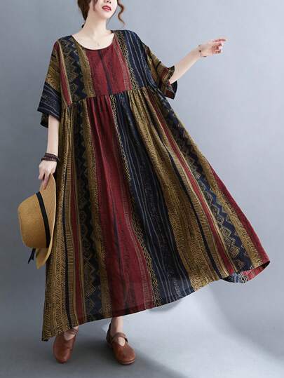 Top, Festival de Primavera Chino, Vestido casual de rayas bohemio de verano 2026, Vestido de mujer, Ropa diaria de talla grande para mujer, Vestido holgado y suelto de cuello redondo y manga ancha de estilo vintage de talla grande para mujer