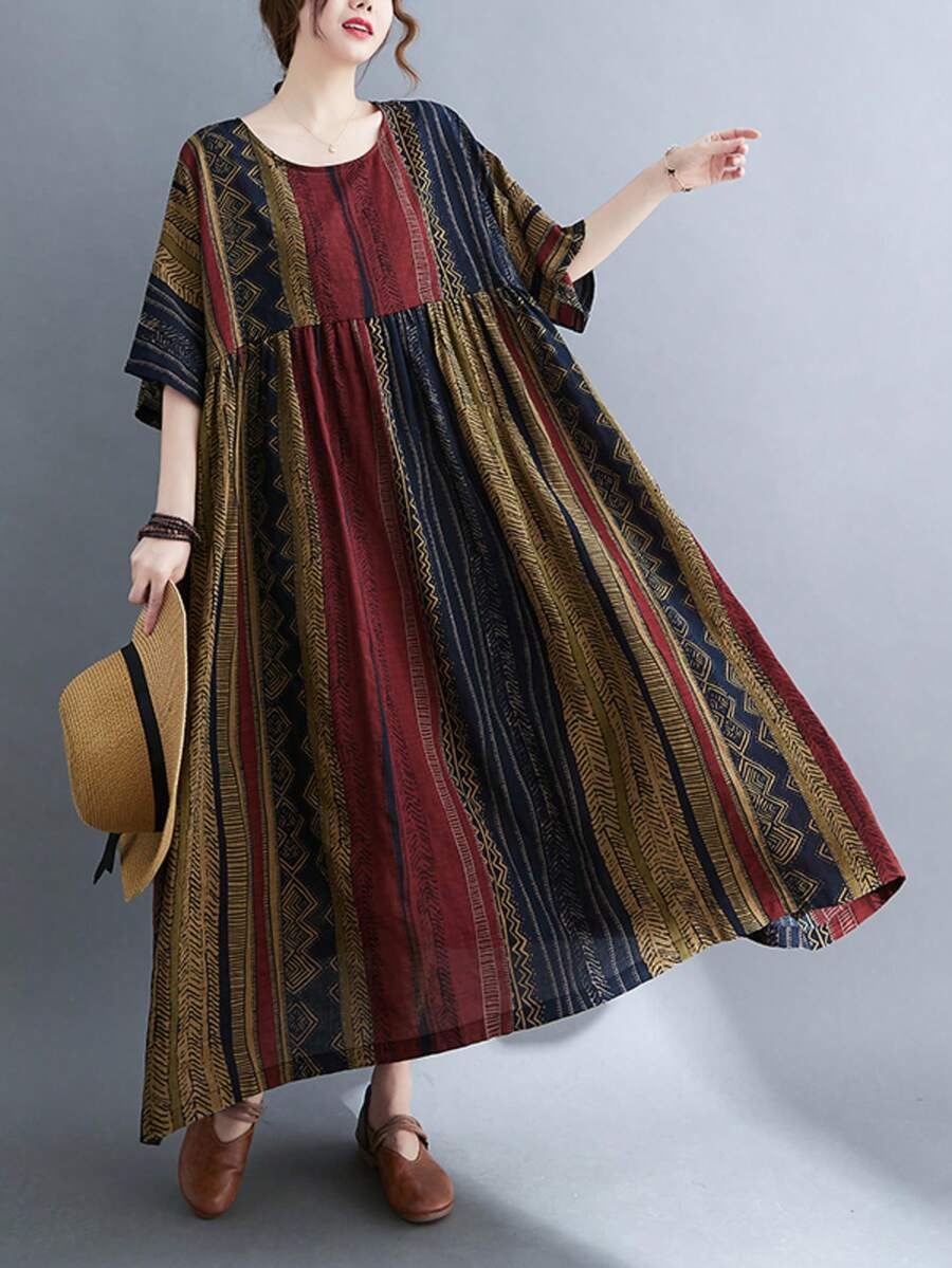 Top, Festival de Primavera Chino, Vestido casual de rayas bohemio de verano 2026, Vestido de mujer, Ropa diaria de talla grande para mujer, Vestido holgado y suelto de cuello redondo y manga ancha de estilo vintage de talla grande para mujer - Rojo - Ver 1