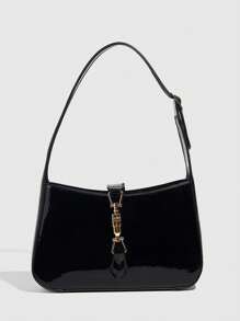 勃艮第漆皮手提包，简约锁扣方形单肩包，复古酒红黑漆小方包，腋下包，圣诞礼物包，适合所有女士 - 黑色 - 查看 7