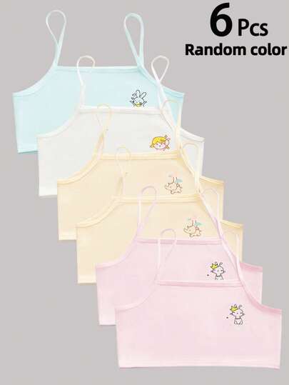 6 peças/conjunto de camisolas de cor sólida para meninas, cor aleatória, macaron fofo, série, estampa de desenho animado para meninas, colete, roupa íntima