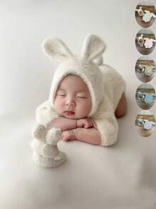 2pcs/Set Newborn Baby Photography Outfit, Soft Mink Velvet Bunny Ear Hat And Romper Set, Infant Growth Photography Props, Gift For Baby Boys & Girls