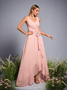 Mgiacy New Arrival V Neck Solid Color Bridesmaid Dress Ruched Ruffle Belt Chiffon Long Dress - Pink - View 6