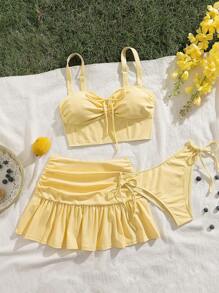 Butter Yellow Cute And Simple 3-Piece Set: Drawstring Tie Waist Fitted Ruffle Hem Swimsuit Cover Up Dress, Casual Beach Holiday Vacation Basic Versatile Suitable For Young Women