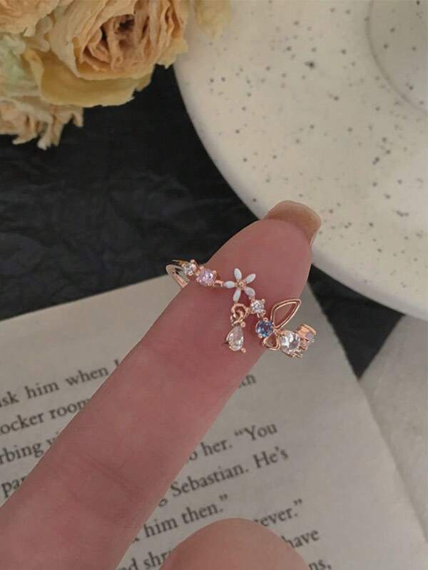1 pieza Anillo abierto con flor de cristal de moda, anillo de dedo ajustable con diseño de flor delicado y encantador