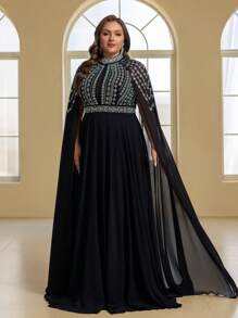 Elisanya Plus Size Elegant Luxury Mesh Rhinestone Chiffon High Neck Long Sleeve Dress For Party, Wedding Guest Dress, Formal Dress, Evening Dress
