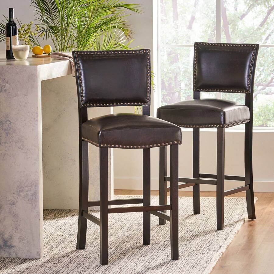 MERAX Contemporary Rubberwood Barstool With Nailhead Accents
