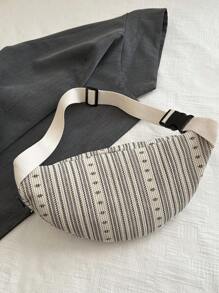 时尚纯色复古条纹高品质通勤拉链简约单肩包、休闲胸包、斜挎包适合女性日常 - 白色 - 查看 7