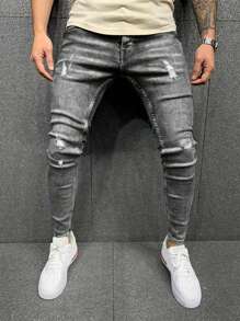 Calça jeans casual masculina com bolso elástico desgastado - Cinza claro - Ver 1