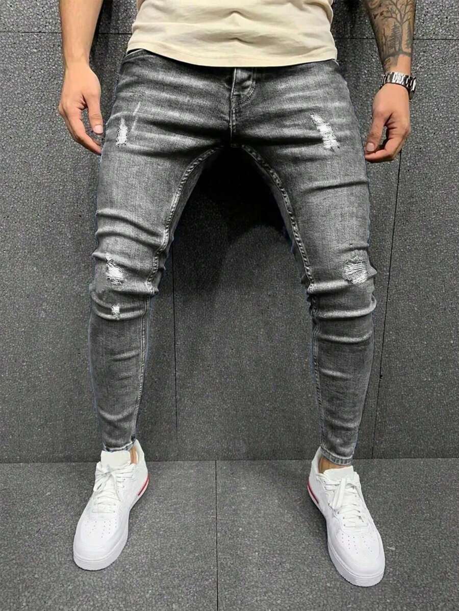 Calça jeans casual masculina com bolso elástico desgastado - Cinza claro - Ver 1