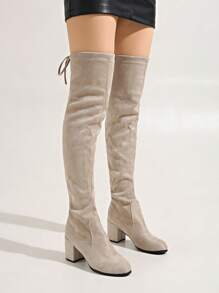 经典女士卡其色过膝靴，秋春时尚弹力面料粗跟圆头后系带长靴