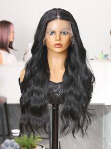 Peluca sintética con parte 13X4X1, cabello ondulado de 26 pulgadas de color negro, fabricada con fibra sintética importada de Japón, resistente al calor. Peluca sintética de alta calidad, suave y natural, ideal para uso diario.