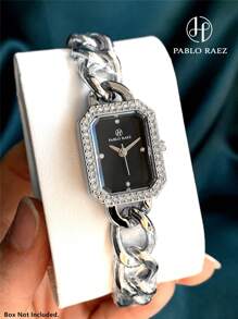 Pablo Raez 1 件银色女士手表奢华女孩华丽女士腕表高品质时尚水钻不锈钢 IPS 镀层顶级矩形水钻正装手表 50 米防水简约时钟女士优雅休闲石英表女士水晶高级派对腕表适合日常使用送给母亲朋友家人的生日礼物 - 均碼 - 查看 2