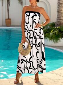 AIJ Amarilo Women's Summer All Over Print Wide Leg Tube Jumpsuit For Leisure Vacation(Random Printing) - Black and White - View 6