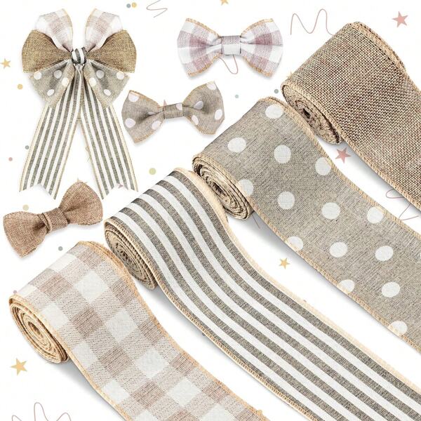4pcs Farmhouse Ribbon Spring Wired Ribbon 2.5" Wide 16Yds Wire Ribbons For Crafts Wreaths Bows Making Wedding Gift Wrapping Welcome Buffalo Plaid Polka Dot Stripe Solid Rustic Burlap Wired Ribbon Gifts Birthday Graduation