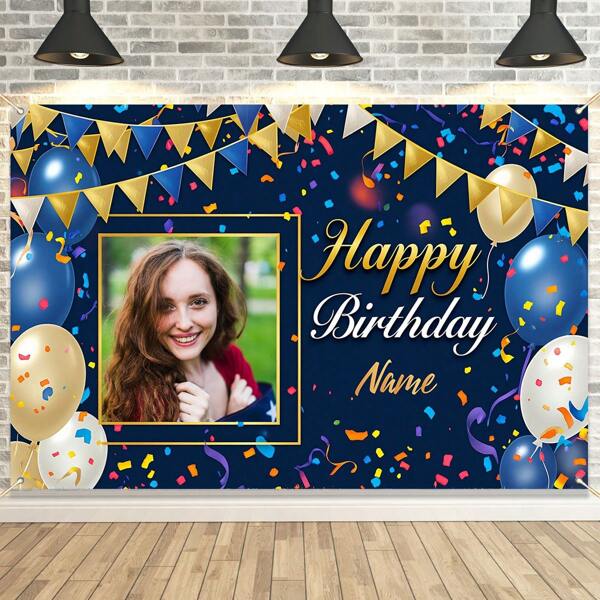 1 pezzo, Striscione personalizzato per compleanno con nome e foto, tema nero, oro e blu - personalizzato con la tua foto - decorazione per portico interno/esterno, sfondo per cabina fotografica per feste di compleanno e anniversario