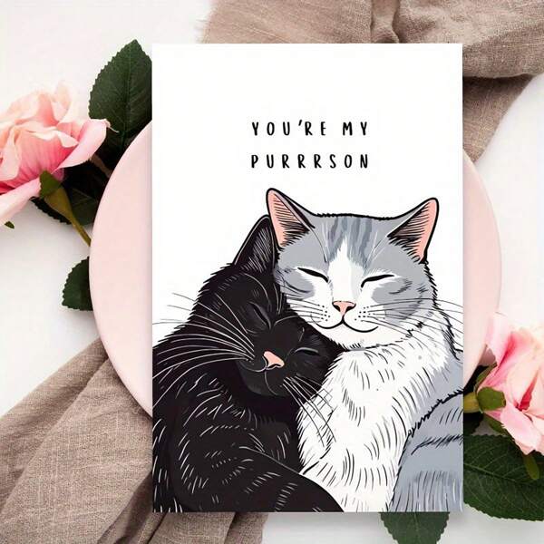 1pc "You're My Purrson" Cat Anniversary Card - Heartfelt Greeting With Black And Gray Cats, Ideal For Day, Weddings - Unique Gift For Husband, Wife, Boyfriend, Girlfriend, Cat Lover Gifts