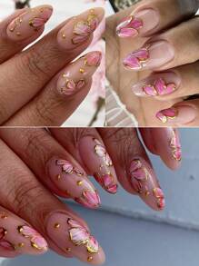 2 fogli di adesivi per unghie con fiori di ciliegio bronzati, bordo in pizzo dorato, petali rosa floreali primaverili 3D, decorazioni per manicure fai-da-te, affascinanti