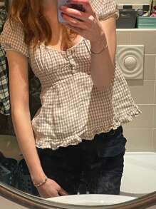 Women's Fairy Grunge Shirts Summer Short-Sleeved Plaid T-Shirt Y2K Low-Necked Pleated Hem Aesthetic Tops