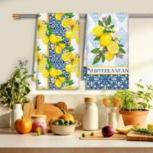 2 pièces Serviettes de cuisine imprimées citron, 45 x 70 cm, décor de cuisine de ferme au motif citron bleu et jaune en aquarelle, serviette à main pour le printemps et l'été