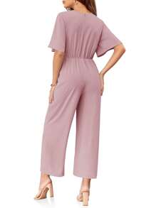 Larisa Womens Wide Leg Jumpsuit Short Sleeve Tie Knot Front Summer Long Romper Stylish Outfit - Hồng - Xem 5