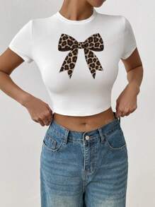 Leopard Print Bow Pattern Slim Short Sleeve Round Neck Top Women's Graphic T-Shirt, Animal Print Tshir,Suitable For Spring And Summer