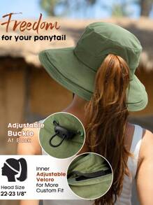 1 pièce Chapeau de soleil pour femmes, chapeau de jardin à large bord avec trou pour queue de cheval, protection solaire pour la plage, matériau respirant, chapeau d'été avec bord relevable