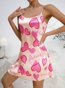Women's Pink Heart Camisole Non-Elastic Jersey Nightgown