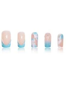 1 Box Of 24pcs Coffin Shaped French Manicure Nails, Blue White Ombre Marble Texture, 3D Striped & Shell Pattern Press On Nails Set, Removable Designed For All Girls And Women, Comes With Nail File