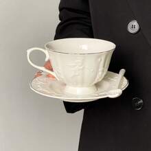 Conjunto de Xícara e Pires de Cerâmica com Alívio de Anjo, Xícara de Café e Chá da Tarde Vintage, Estilo Palaciano Europeu, Presente de Aniversário