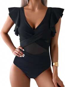 One Piece Swimsuit For Women Front Cross Design Quick-Drying Ruffled Sleeve V Neck Bathing Suit - Black - View 1