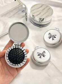 Featuring A Silver Bow Decoration 2-In-1 Foldable Comb & Makeup Mirror – Portable,Exquisite Bow Decoration, Tabletop, Contemporary Beauty Tool For Travel,Folding Comb With Makeup Mirror, Easy To Carry, Perfect For Travel Outgoing Use