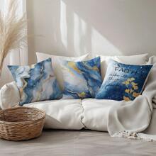 4 pièces Ensemble de taies d'oreiller simples et quotidiennes au motif bleu doré marbré, en tissu velours pêche imprimé sur un côté, 45*45CM/18*18 pouces. Housse de coussin pour décoration de canapé moderne d'intérieur, décoration de fête, cadeau