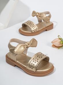 1 Pair Of Fashionable Gold Baby Sandals Laser Pattern Design Decoration Lucky Leaf Flat Cute Girls Sandals For Summer Vacation - Gold - View 3