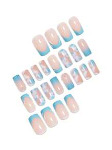 1 Box Of 24pcs Coffin Shaped French Manicure Nails, Blue White Ombre Marble Texture, 3D Striped & Shell Pattern Press On Nails Set, Removable Designed For All Girls And Women, Comes With Nail File