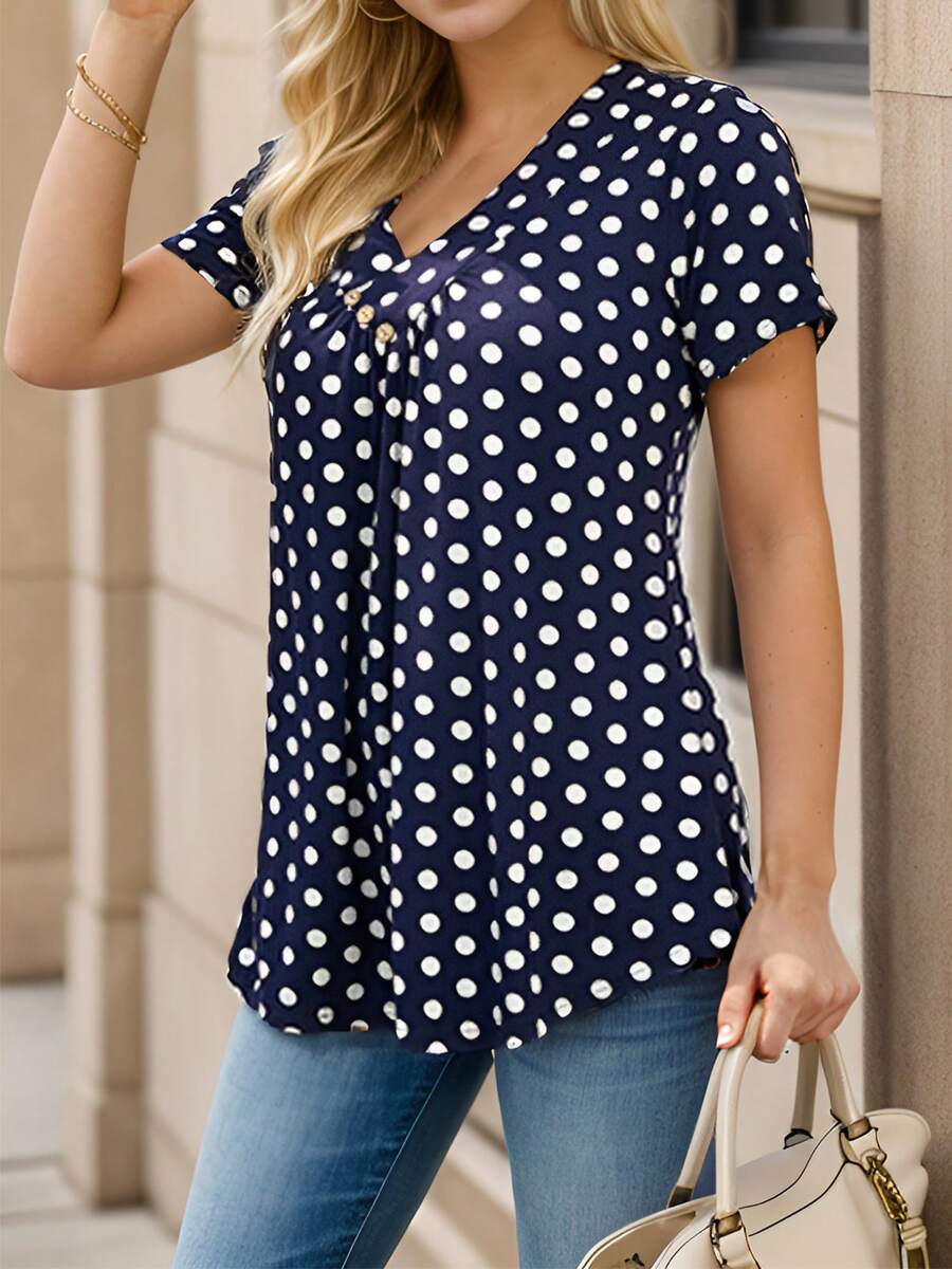 SANOPY Womens Blouses,Womens Tops,Blouses For Women Dressy Casual,Going Out Tops For Women,Women's Tunic Summer Short Sleeve Tops Loose V Neck Dress Shirt - 黑色 - 查看 1