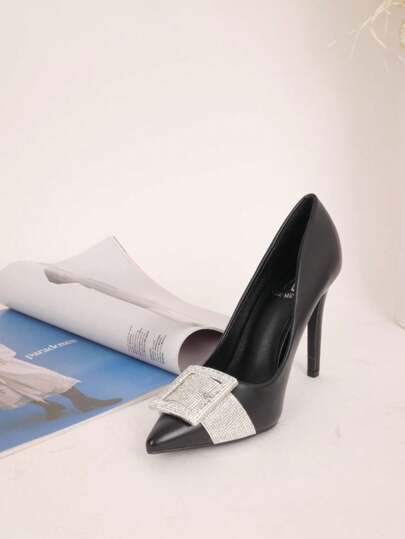 Szpiczaste czółenka ze skóry PU z kwadratową klamrą ze strasami Stylowe wysokie obcasy