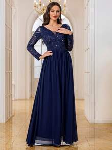 MIUSOL Vestido largo de gasa con cuello en V profundo, manga larga, con encaje y lentejuelas con estampado floral, vestido formal elegante para fiesta de noche, boda o invitado de primavera - Azul Marino - Ver 5