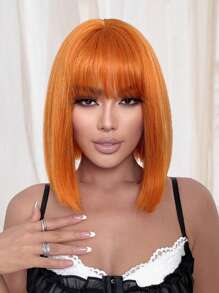 Peluca corta y recta de pelo sintético con flequillo, color naranja, para uso diario, fiestas, festivales de música de primavera, de 12 pulgadas