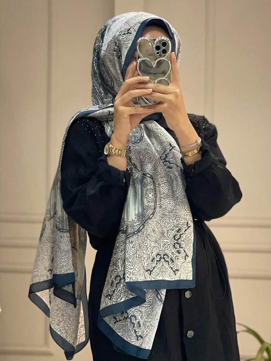 1件装女士波西米亚风佩斯利印花蓝色头巾披肩，休闲优雅女士围巾配饰，防风披肩，适合日常佩戴，情人节面纱装扮，阿巴雅长袍配饰，柔软头巾，连衣裙配饰