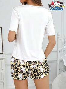Sanrio 2 pezzi Set pigiama da donna Hello Kitty di Sanrio, pigiama a maniche corte con stampa carina a fiocco e leopardata