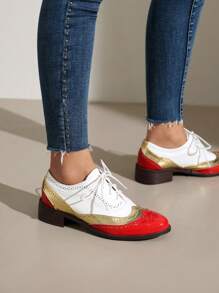 Zapatos Oxford planos para mujer, estilo retro británico, de piel, con tacón grueso, puntera redonda y cordones, en dos tonos