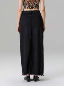 Women's Mid Waist Denim Skirt Solid Color Long A-Line Skirt With Pockets - 黑色 - 查看 6