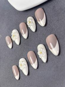 10 piezas de uñas francesas blancas y desnudas con forma de almendra, uñas postizas transparentes con flores 3D, manicura minimalista de moda, adecuadas para vacaciones y uso diario, gran regalo para mujeres y niñas, suministros de uñas hechos a mano - Blanco - Ver 6