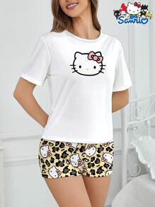 Sanrio 2 pezzi Set pigiama da donna Hello Kitty di Sanrio, pigiama a maniche corte con stampa carina a fiocco e leopardata