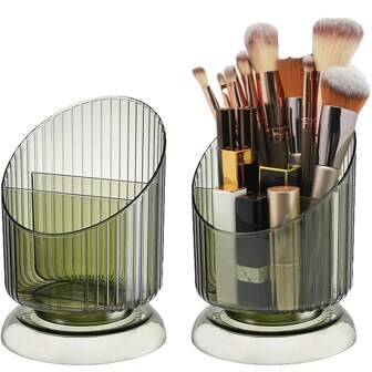 1pc Makeup Brush Holder, 3-Slot Striped Makeup Brush Stand, Pen/Pencil Holder, Designed For Vanity, Bathroom Counter, Desk, Cosmetic Display Cabinet