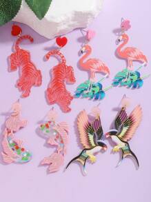 1对时尚可爱亚克力老虎/火烈鸟/鱼/燕子动物卡通耳环，适合女性日常佩戴（手工制作，款式略有不同） - 動物耳環 - 查看 4