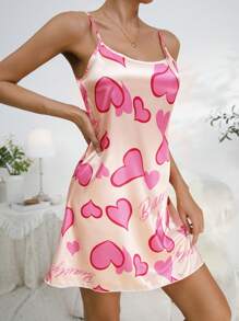 Women's Pink Heart Camisole Non-Elastic Jersey Nightgown