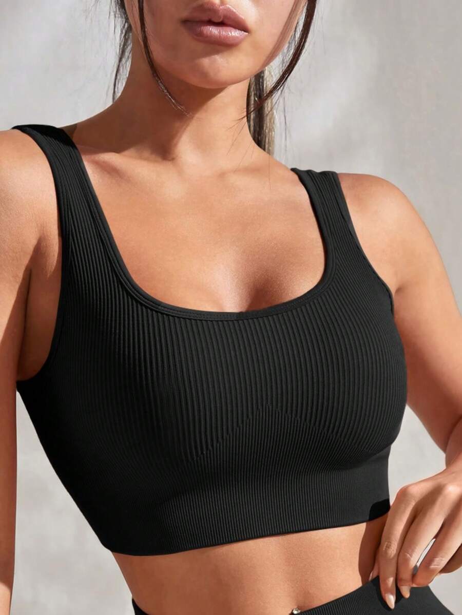 Women's Fitness Gym Set With Top And Wide-Waisted Shorts In Ribbed Knit - màu đen - Xem 1